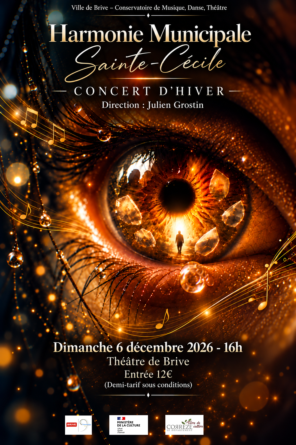 Oeil avec un homme marchant vers l'horizon