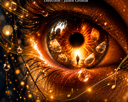 Oeil avec un homme marchant vers l'horizon