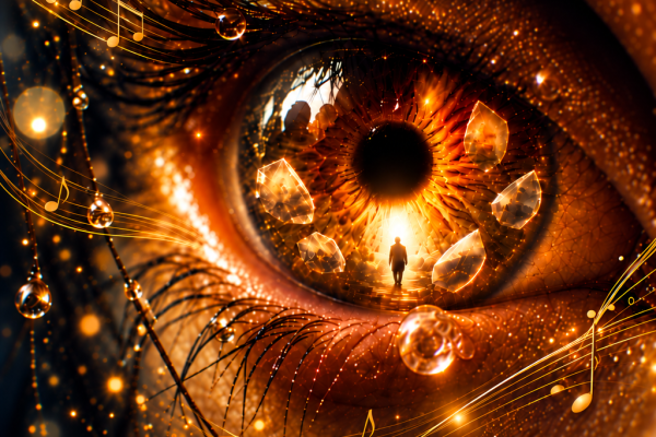 Oeil avec un homme marchant vers l'horizon